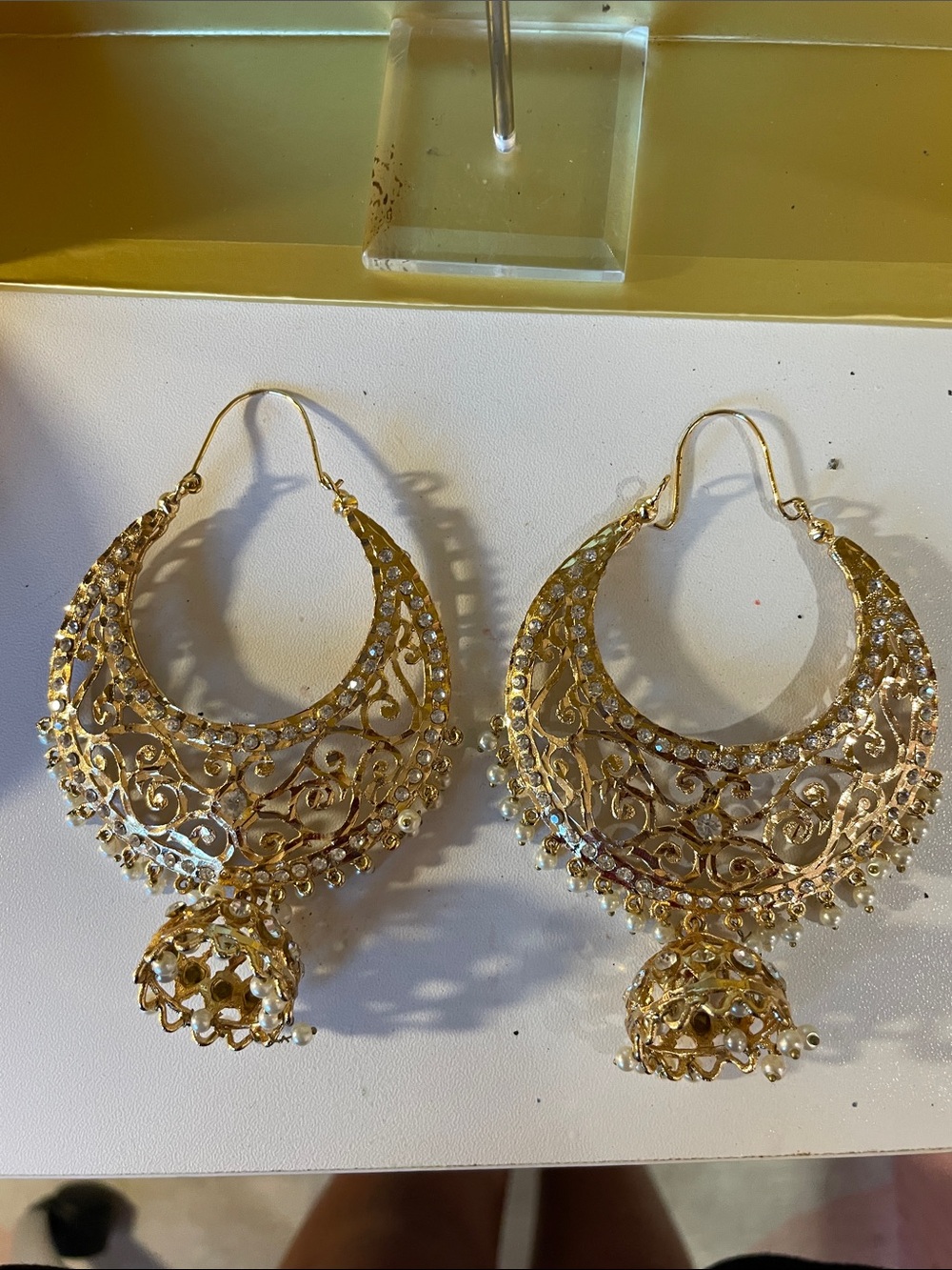 Gold Filigree Hoop Earrings with Pearl and Crystal Drops